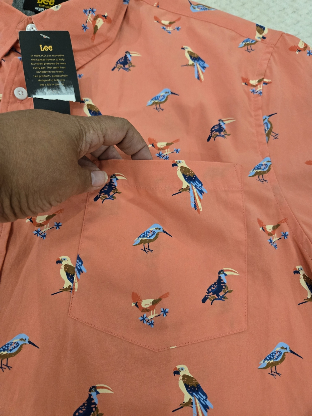 Lee XXL Coral Bird Print Button Up Shirt Cotton Short Sleeve Casual - Picture 4 of 13